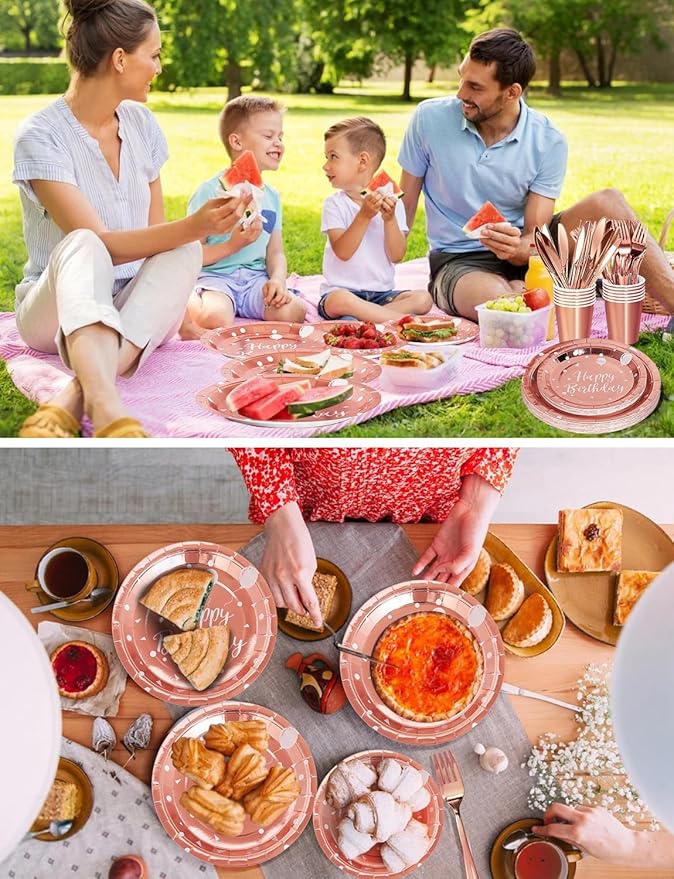 Nkaiso Birthday Party Tableware, 161 Pieces Rose gold Party Supplies, Dinnerware Sets Include Paper Plates Napkins Cups Silverware, for Shower Engagement Parties Decoration -20 Serves