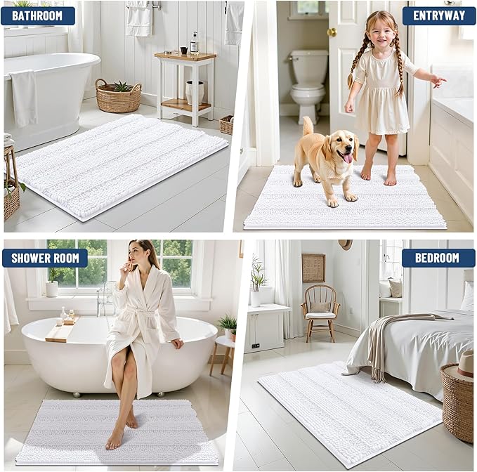 Grandaily Chenille Striped Bathroom Rugs 47x17, Extra Thick and Soft Absorbent Bath Mats, Rubber Backing, Plush Shaggy Shower Carpet, Machine Wash Dry, Bath Rug for Bathroom, Solid White