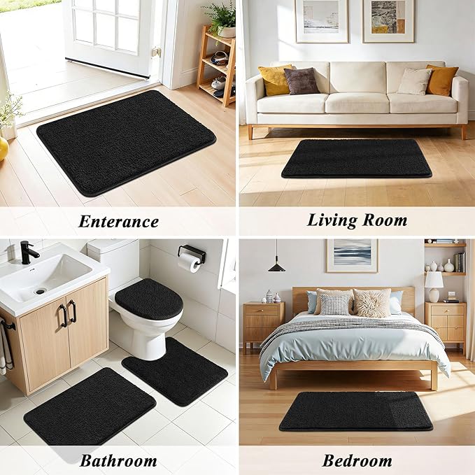 SHACOS 5 Pieces Bathroom Rugs Set with Toilet Lid Cover Ultra Soft Absorbent Microfiber Bath Mat U Shape Contour Rug for Bathroom, Non Slip Machine Washable Bath Runner Rugs for Bedroom, Black