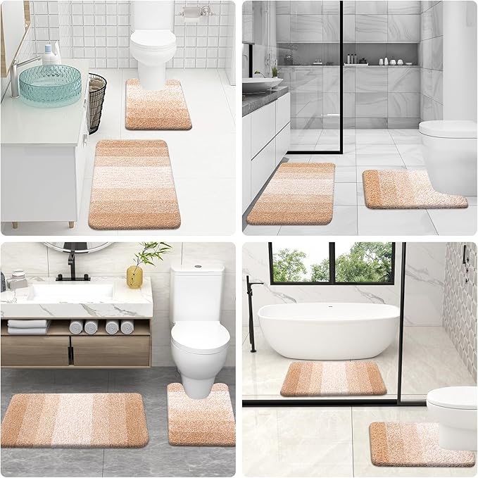 OLANLY Bathroom Rugs Sets 3 Piece, Soft Absorbent Microfiber Bath Mats and U-Shaped Contour Toilet Rug, Plush Shaggy Bath Mat Set for Bathroom (36"x24"+24"x16"+24"x20", Beige)