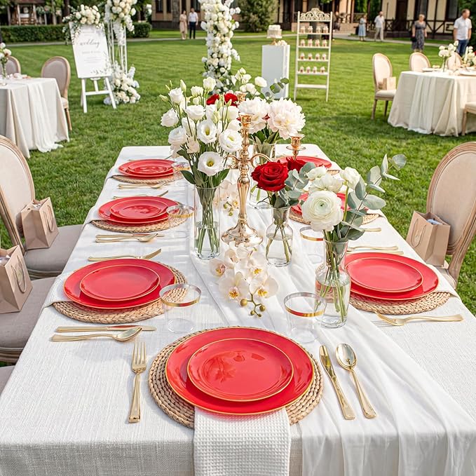 WDF 300Pcs Red Disposable Plates - Red Plastic Plates - 50guest Disposable Dinnerware Include 50 Dinner Plate, 50 Dessert Plate, 150 Cutlery & 50 9oz Cups for Wedding/Birthday/Party