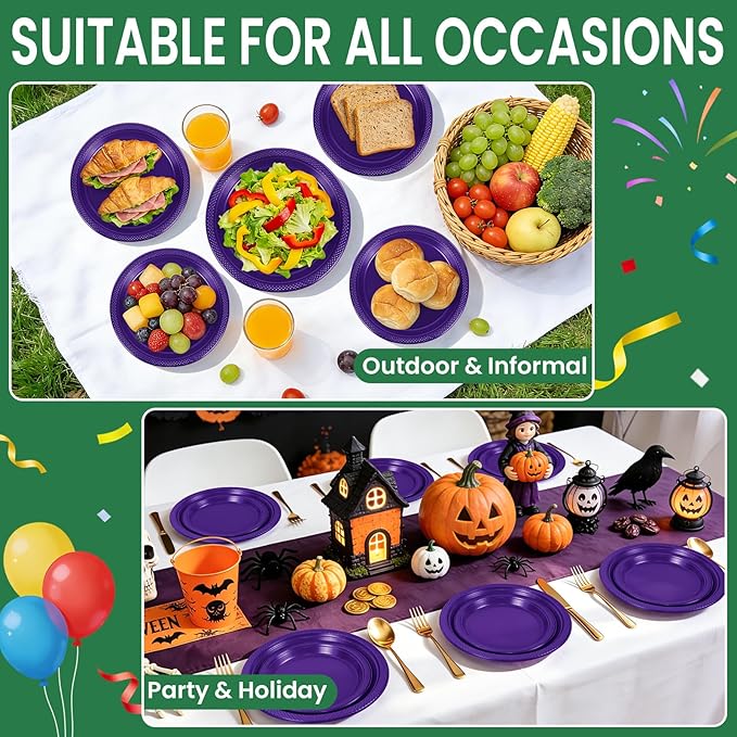 LANLISA 50 Pcs Purple Plastic Plates For Party, 25-9" & 25-7" Disposable Cake Dessert Plates For Birthday, Graduation, Mothers Day, Halloween Dinner