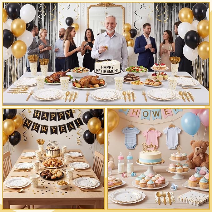 175 Pcs White and Gold Paper Plates and Napkins, Disposable Gold Party Dinnerware Include Scalloped Party Plates Napkin Cups Plastic Cutlery for Birthday Wedding Graduation Congratulations