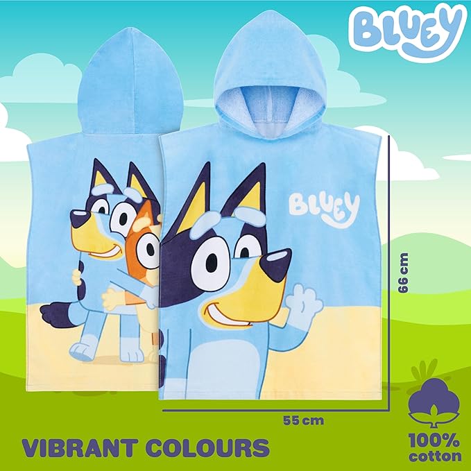 Bluey Kids Changing Robe, Hooded Towel Poncho for Boys Girls, Soft Absorbent Cotton Wearable Towel for Swim Surf Bath Beach Cover Up, Gifts for Kids (Blue/Orange)