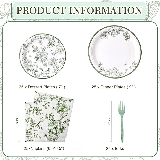 100 Pcs Green and White Floral Party Supplies for 25 Guests, Heavy-Duty 7" & 9" Paper Plates, 2-Ply 13" Napkins & Plastic Forks, Disposable Tableware Set for Bridal Baby Shower and Tea Party