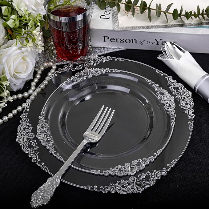 Morejoy 350PCS Clear Silver Plastic Plates - Silver Disposable Plates sets Include 50 Dinner Plates,50 Salad Plates,50 Forks,50 Knives, 50 Spoons,50 Cups, 50 Rolled Napkins for Wedding & Christmas