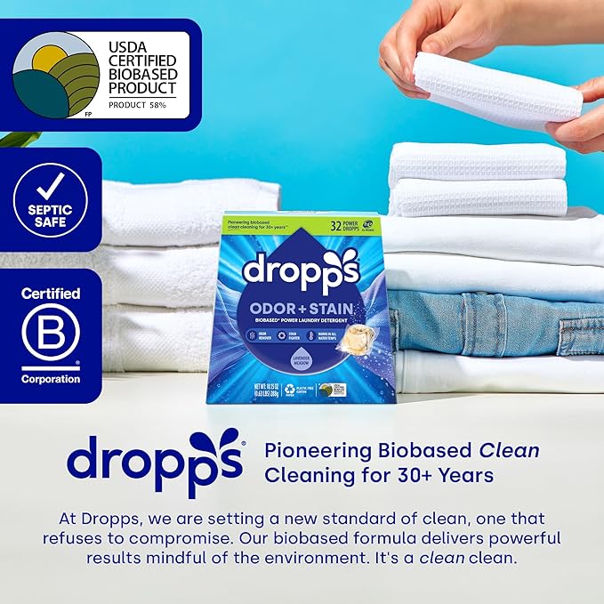 Dropps Odor & Stain Laundry Detergent Pods, Lavender Meadow (64 Count) - Powerful Laundry Pods | Complete Clean Laundry Soap | Fights Odors & Stains | Clean Ingredients | Plastic Free Packaging