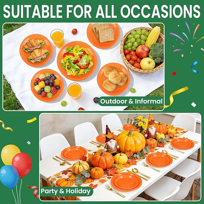 LANLISA 50 Pcs Orange Plastic Plates For Party, 25-9" & 25-7" Disposable Cake Dessert Plates For Birthday, Halloween, Thanksgiving Decorations, Harvest, Fall Dinner