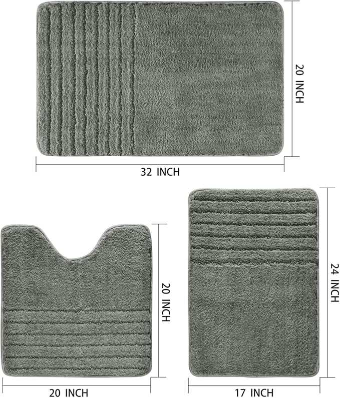 Bath Rugs Set 3 Pieces Bathroom Mat Soft Absorbent Plush Shaggy Soft Floor Non Slip Shower Bath Tub Machine Washable (Moss-Strip, 20"x32"/20"x20"/17"x24")