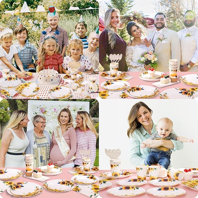 Sunflower Party Decorations-168PCS Sunflower Plates and Napkins Party Supplies,Yellow Paper Plates with Gold Glitter Cultery for Birthday Baby Shower Decorations Serve 24 Guests