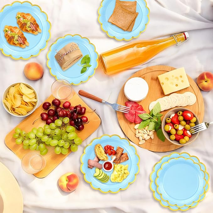 50 Pcs Light Blue Paper Plates, 25 Pcs 9" and 25 Pcs 7" Disposable Light Blue Scalloped Plates with Gold Foil for Graduation Wedding Baby Shower Birthday Party Picnic BBQ