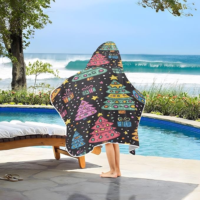 Blueangle Kids Bath Towel Wrap - Cartoon Christmas Trees Hooded Kids Towel - Super Soft Absorbent Quick Dry Toddler Shower Pool Beach Towel