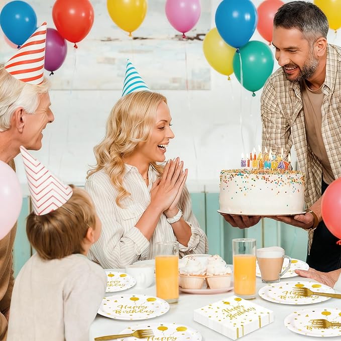 75 Pcs Happy Birthday Paper Plates,Serves 25 Guests White Gold Plates and Napkins with Gold Forks,Disposable Paper Tableware Set for Birthday Party Decorations