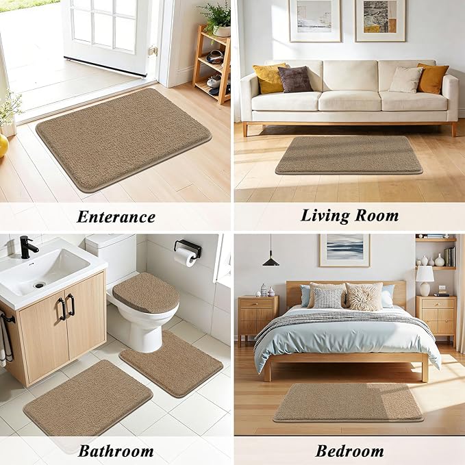 SHACOS 5 Pieces Bathroom Rugs Set with Toilet Lid Cover Ultra Soft Absorbent Microfiber Bath Mat U Shape Contour Rug for Bathroom, Non Slip Machine Washable Bath Runner Rugs for Bedroom, Beige Brown