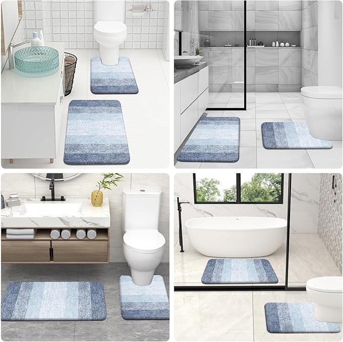 OLANLY Bathroom Rugs Sets 3 Piece, Soft Absorbent Microfiber Bath Mats and U-Shaped Contour Toilet Rug, Plush Shaggy Bath Mat Set for Bathroom (30"x20"+24"x16"+24"x20", Blue)