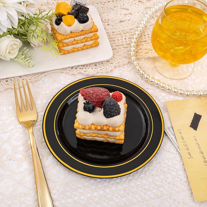 bUCLA 100PCS Black and Gold Plastic Plates - 6.25 inch Black Gold Premium Hard Disposable Dessert/Salad/Appetizer/Small Cake Plates for Party, Graduation & New year