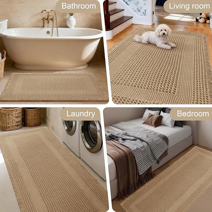 Upgraded Waffle Bath Mat Set 3 Piece Beige-Looped, Super Absorbent Non-Slip Quick Dry Bathroom Rugs with Tassels, Machine Washable Ultra Soft Boho Bath Rugs for Floor, Toilet Mats Boho Farmhouse Decor