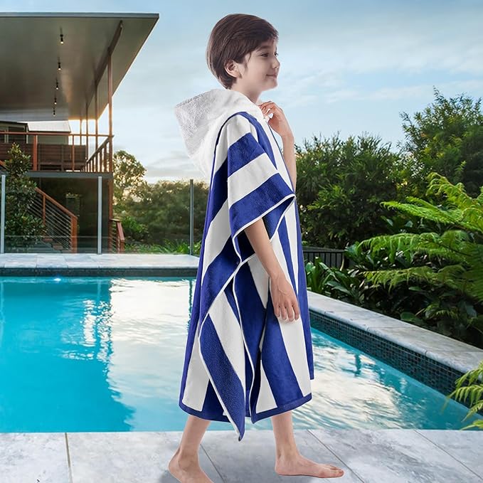 VOOVA & MOVAS Hooded Beach Towels for Big Kids | Teens (8-16Years), Absorbent 100% Cotton Poncho Towel for Kids, Perfect for Pool, Beach, Bath and Gifts, Gem Blue Cabana Stripe