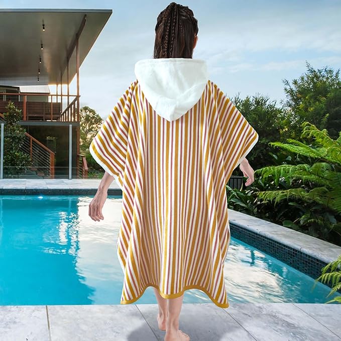 VOOVA & MOVAS Hooded Poncho Towel for Teens Unisex 100% Cotton Vibrant Lightweight Beach Surfing Bath Cover Up Orange Red Stripe