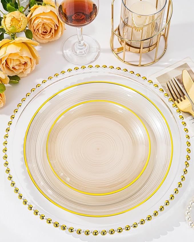 Morejoy 175PCS Clear Brown Plastic Plates - Disposable Gold Party Plates & Pre Rolled Napkins with Cutlery for 25 Guests, 50Plates, 75Silverware, 25Cups, 25Napkin for Party & Christmas