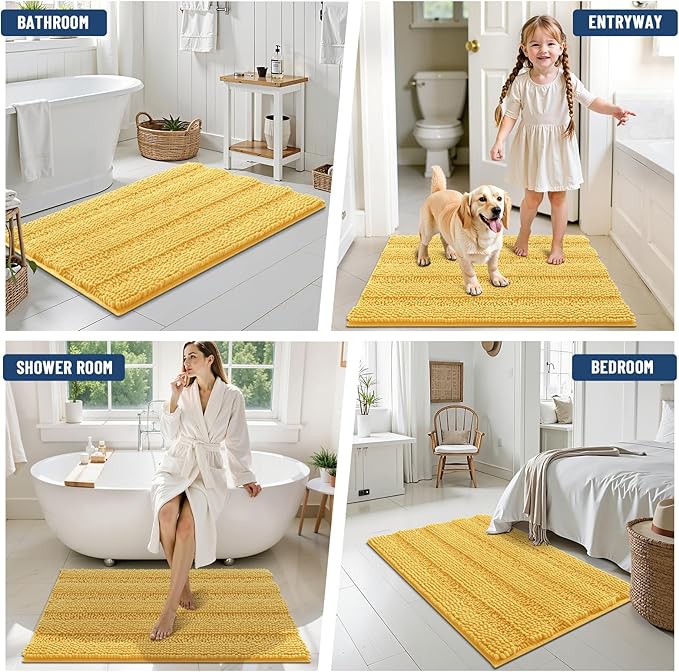 Grandaily Chenille Striped Bathroom Rugs 47x17, Extra Thick and Soft Absorbent Bath Mats, Rubber Backing, Plush Shaggy Shower Carpet, Machine Wash Dry, Bath Rug for Bathroom, Light Yellow