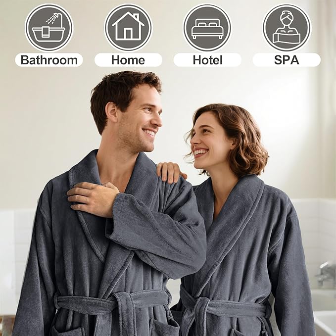 VOOVA & MOVAS Towel Robe for Men Women,Premium 100% Cotton Terry Shawl Collar Super Absorbent Unisex Bathrobe, Ideal Bathroom Robe,Gray