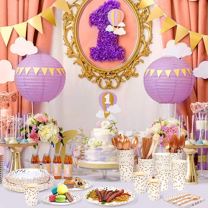 Lzerking Party Supplies Set - 210 Pieces of White and Rose Gold Dot Wedding Paper Plates, Cups, Napkins, and Heavy Duty Silverware for 30 Guests for Birthdays, Graduation, Festivals