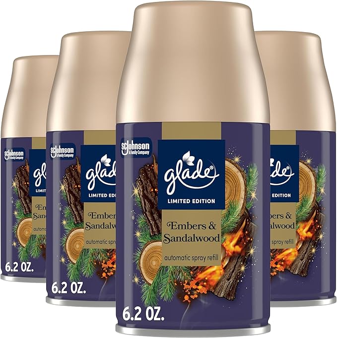 Glade Automatic Spray Refill, Embers & Sandalwood, 4 Pack, Scented Air Freshener for Home and Bathroom, 6.2 Oz