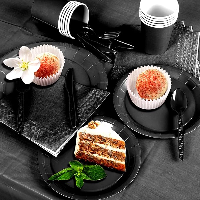 229PCS Black Party Supplies Set Paper Disposable Plates Cups Plastic Spoons Forks Knives Black Napkins for 30 Guests Disposable Party Dinnerware Sets for Wedding Birthday Parties