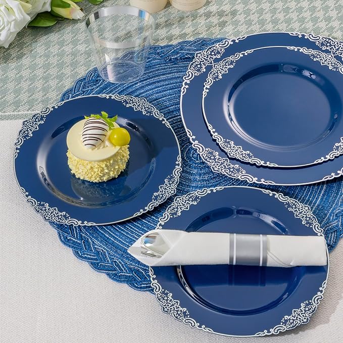 Bestluck 350PCS Navy Blue Plates for 50 Guests, Disposable Dinnerware Sets Include 100 Plastic Plates, 50 Silverwares, 50 Cups, and 50 Pre Rolled Napkins for Party, Wedding and Graduation
