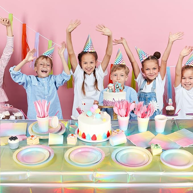 Iridescent Pastel Rainbow Party Decorations - Serve 50, Holographic Pastel Paper Plates and Napkins, Disposable Iridescent Rainbow Plates, Cups, Napkins for Girls Birthday, Wedding, Baby Shower