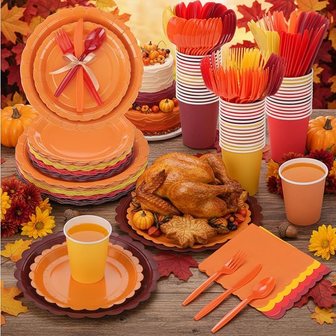 Ziliny 350 Pcs Fall Thanksgiving Plates and Napkins, 50 Guest Autumn Party Supplies Include Scalloped Paper Plates Napkins Cups Plastic Spoons Forks Knives Disposable Tableware Set for Harvest Party