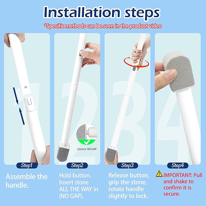 Pumice Stone Toilet Bowl Cleaner with 20" Ultra Long Handle, Push-Button Replaceable Head Hard Water Ring Stain Remover for Bathroom, Bathtub, Pool, Kitchen Sink Cleaning, 8 Pack (gray)