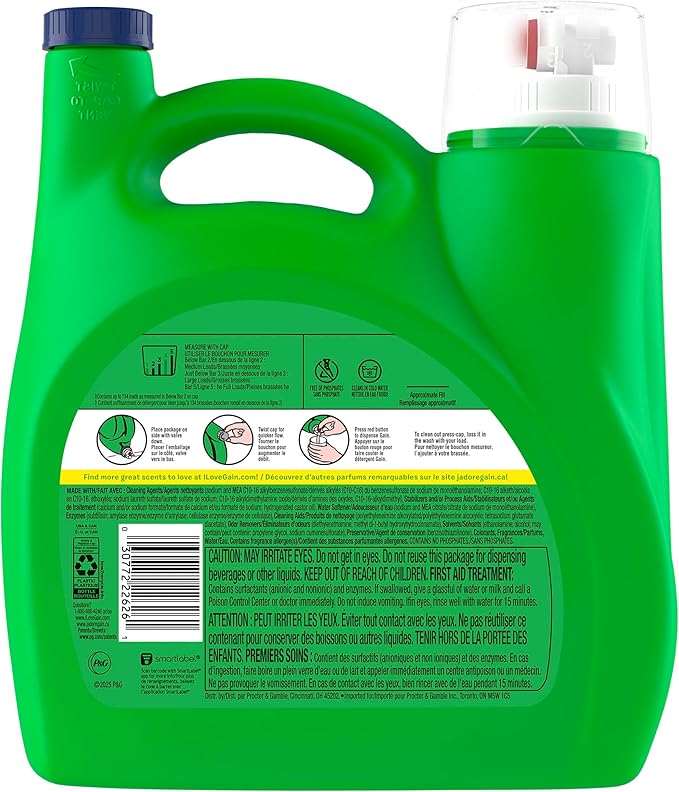 Gain Liquid Laundry Detergent with Odor Defense, Original Scent, Laundry Soap For HE Washing Machines, 177 fl oz, 134 Loads (Packaging May Vary)