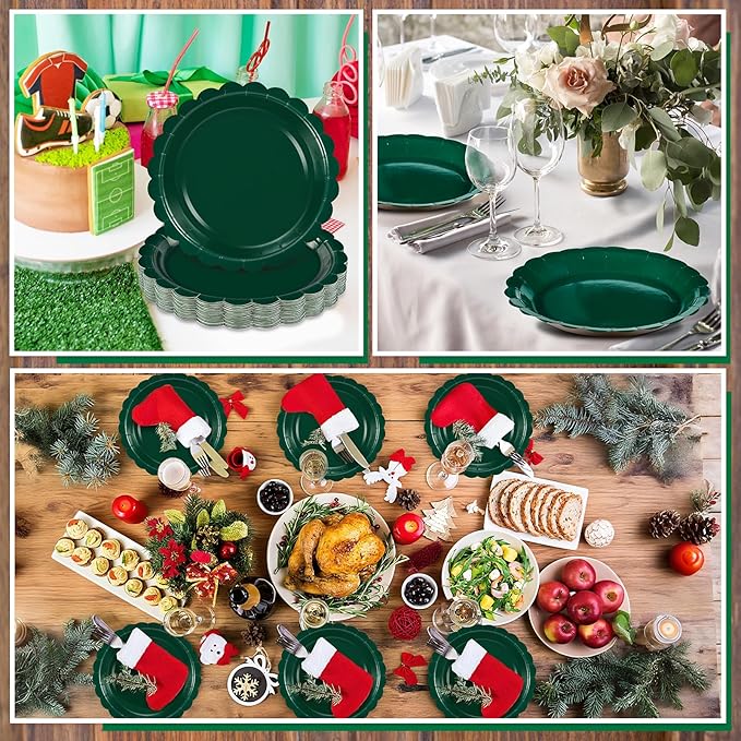 NatNarr 30 Pcs Dark Green Plates 9 Inch Scalloped Green Paper Plates Disposable Dessert Dinner Plate for Wedding, Master Party, Bridal Baby Shower
