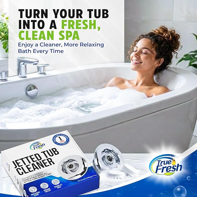 True Fresh Jetted Tub Cleaner Tablets – 12 Cleaning Tablets for Bathtub Jets & Spa Systems, Jet Tub Cleaner for Whirlpool Jets, Removes Scale & Residue, Hot Tub Jet Cleaner System, 1 Year Supply