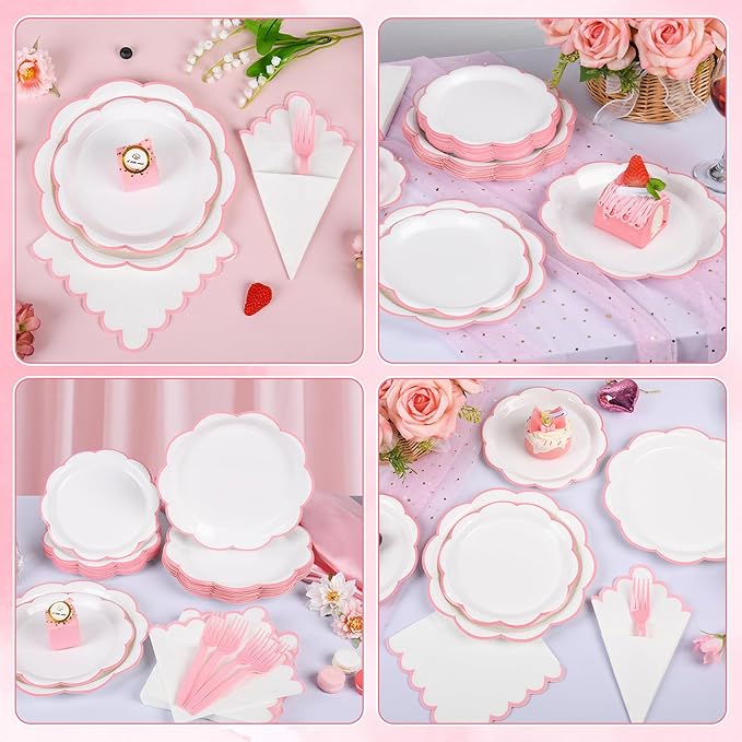 96 Pcs Pink and White Paper Plates and Napkins Set, Tableware set for 24 Guest include White Dessert Plates with Pink Scalloped Edge, Napkins and Forks for Baby Girl Shower, Bridal Shower, Wedding