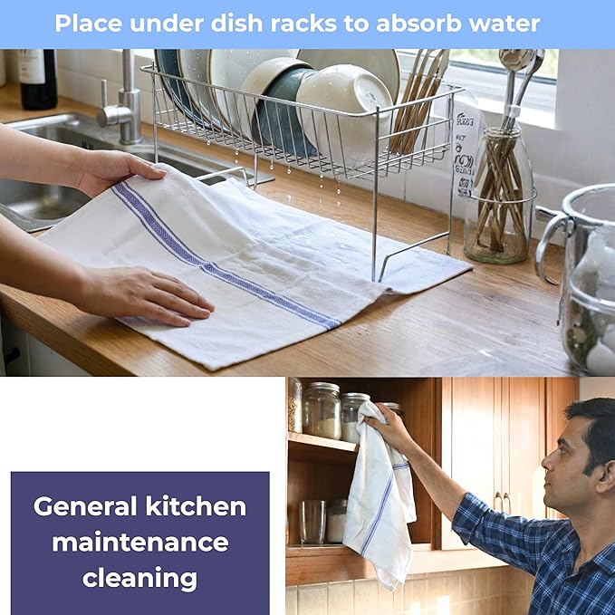 Bulk Kitchen Towels Cotton for Chefs in Commercial Restaurants - 15"X25" - 12 Pack - White Linen Tea Dish Towels - Lint Free Soft Absorbent Center Blue Striped Herringbone Weave Towles