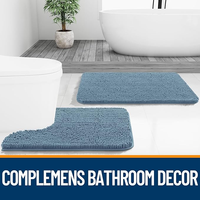 OLANLY Bathroom Runner Rugs 47x24, Soft Absorbent Chenille Bath Rugs, Rubber Backing Quick Dry, Machine Washable Long Bath Mats for Bathroom Floor, Tub and Shower, Home Decor Accessories, Airy Blue
