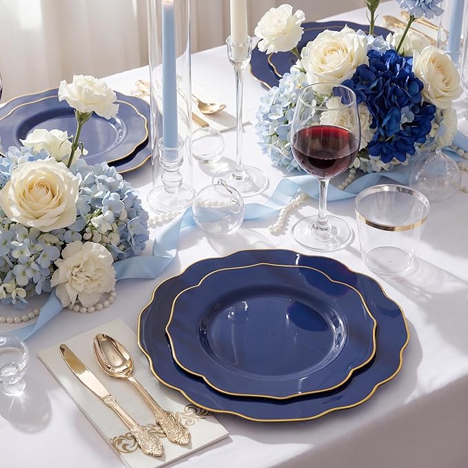 NOCCUR 175PCS Blue Plastic Plates with Disposable Silverware - Include 50 Blue Disposable Plates with Gold Rim,75 Gold Cutlery,25 Cups,25Napkins for Party/Wedding/Graduation/Memorial Day