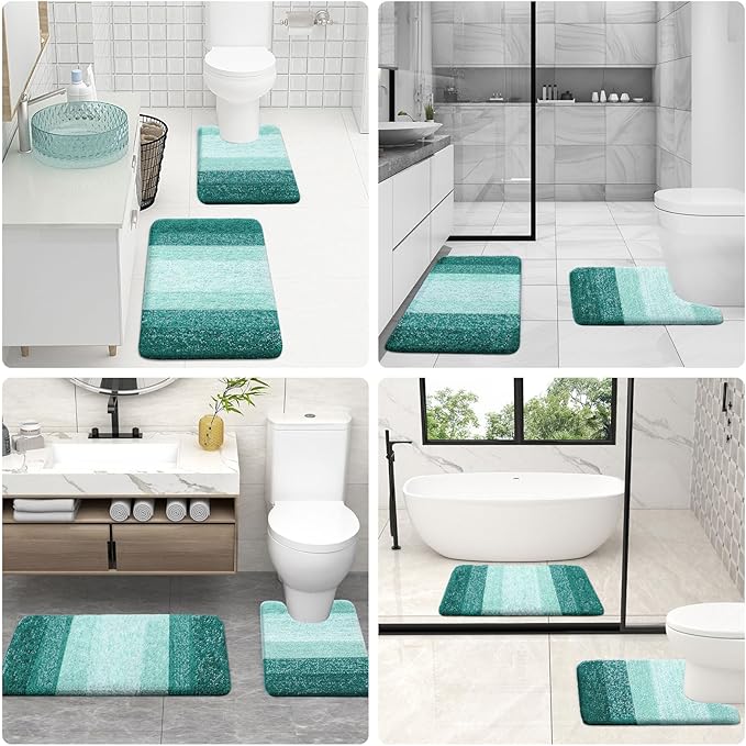 OLANLY Bathroom Rugs Sets 3 Piece, Soft Absorbent Microfiber Bath Mats and U-Shaped Contour Toilet Rug, Plush Shaggy Bath Mat Set for Bathroom (36"x24"+24"x16"+24"x20", Blackish Green)