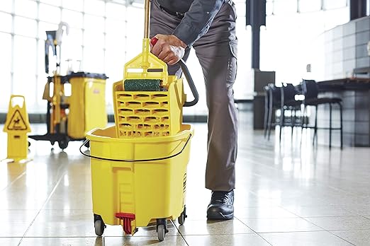 Rubbermaid Commercial 35Qt WaveBrake 2.0 Side-Press Mopping Bucket and Wringer with Foot Pedal Drain, Yellow, for Professional/Industrial/Business Heavy-Duty Floor Cleaning/Mopping
