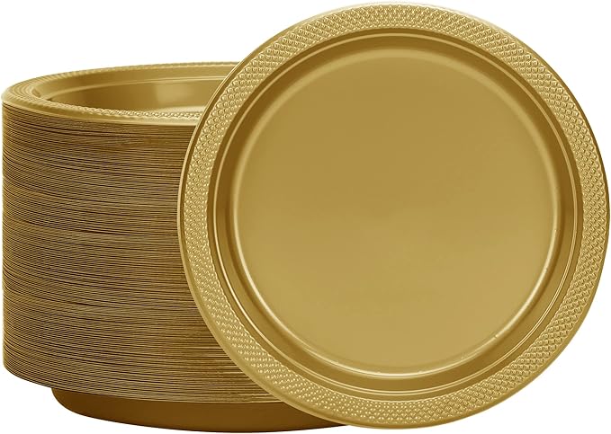 Hanna K. Signature Gold Plastic Plates 9 Inch - 600 count - Plastic Solid Round Party Plates For Weddings, BBQs, Birthday Plates - Disposable Gold Plates - Plastic Dinner Plates
