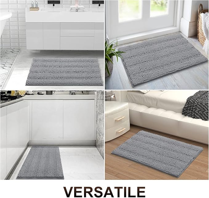 Grandaily Chenille Striped Bathroom Rugs 59x24, Extra Thick and Absorbent Bath Mats, Non-Slip Soft Plush Shaggy Shower Carpet, Machine Wash Dry, Bath Rug for Bathroom, Dark Gray