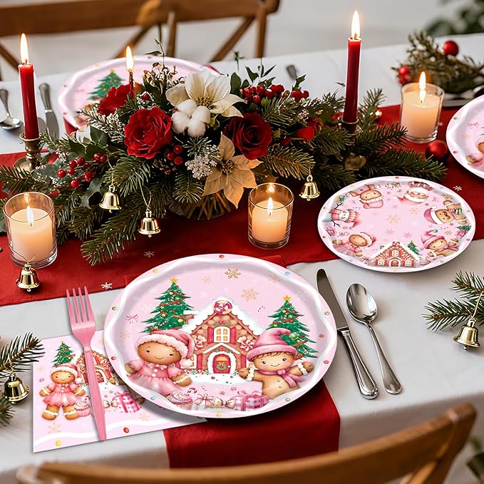 96 Pieces Gingerbread House Plates and Napkins Tableware Set, Pink Christmas Disposable Dinnerware with Paper Plates Napkins and Forks for Xmas Party Supplies Winter Holiday Birthday Decor - Serves 24