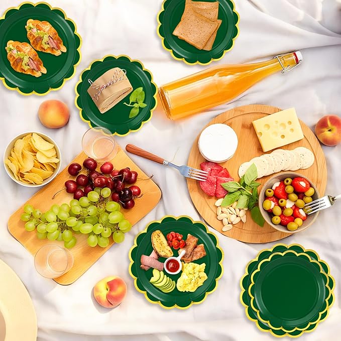 50 Pcs Dark Green Paper Plates, 25 Pcs 9" and 25 Pcs 7" Disposable Christmas Scalloped Plates with Gold Foil for Graduation Wedding Baby Shower Birthday Party Picnic BBQ