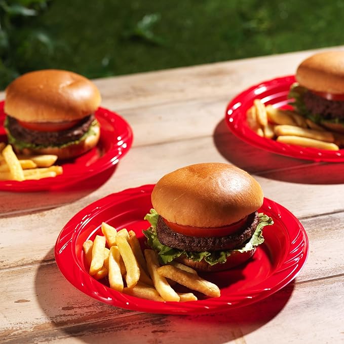 Munfix 100 Red Plastic Plates Set - 9 Inch Disposable Dinner Plates Bulk Pack, for Party, BBQ, Picnic, Parties, Travel and Events, Microwavable Recyclable