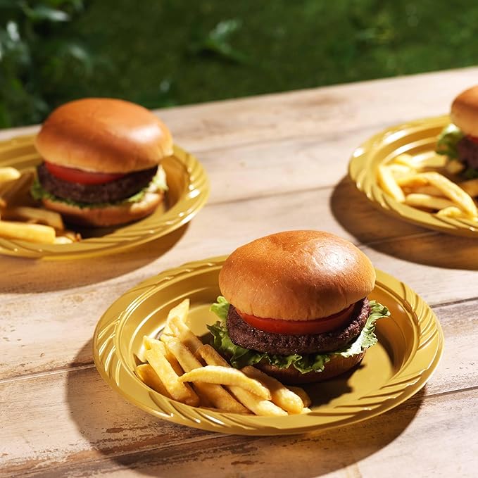 Munfix 100 Pack Gold Plastic Dinner Plates, 9 Inch Disposable Plates Bulk Pack, Party Plates for BBQ, Picnic, Parties, Travel and Events, Microwavable Recyclable