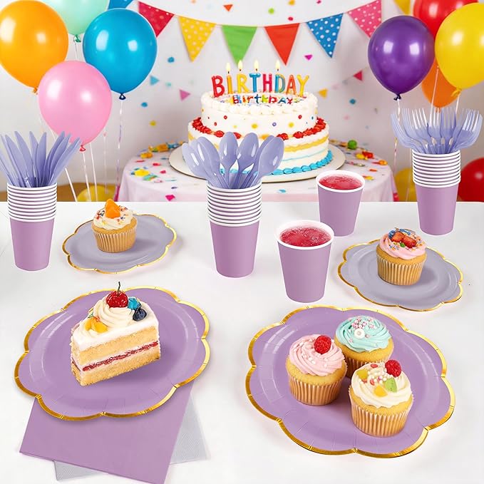 168Pcs Purple Paper Plates and Napkins Party Supplies,Purple Scalloped Party Plates with Gold Rim, Lavender Party Plates and Cups and Napkins Sets for Garden Party Baby Shower Wedding Birthday Picnic