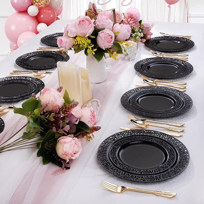 U-QE 150PCS Black Plastic Plates with Gold Plastic Silverware, Black Plates Disposable for Party Include 30 Dinner Plates 10.25", 30 Salad Plates7.5", 30 Forks, 30 Knives, 30 Spoons